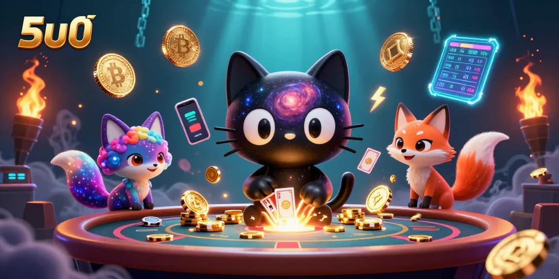Engage with 5u0 at a cosmic casino featuring a black hole cat and cryptocurrency elements.