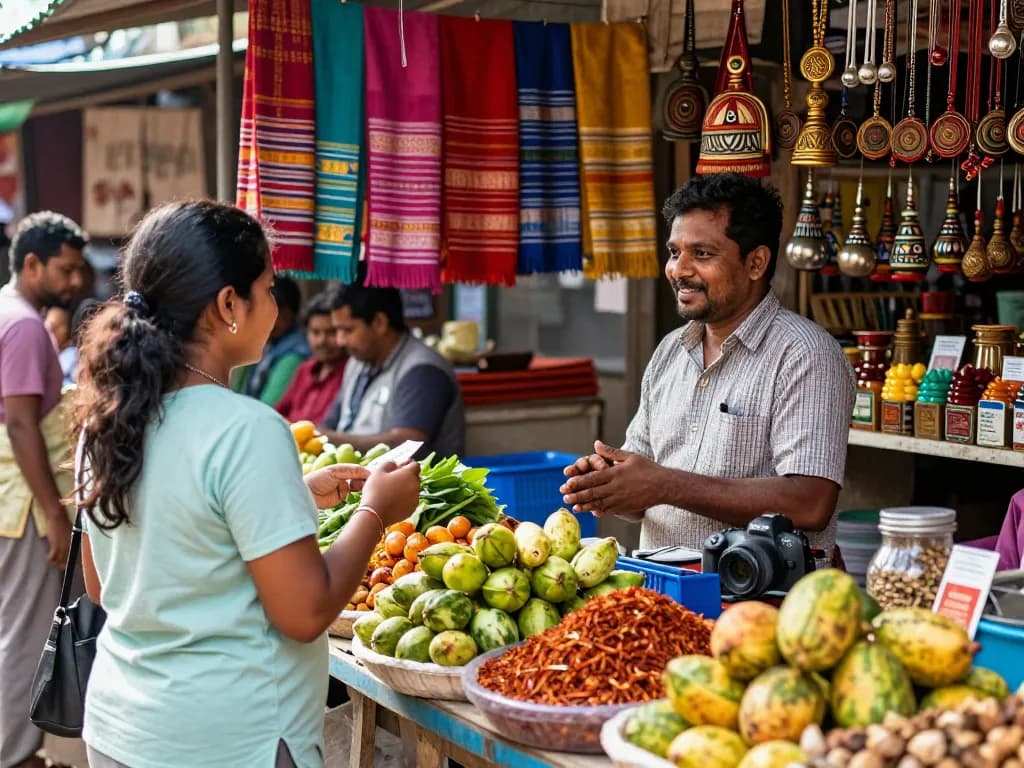 Engaging market scene in Hela Lanka showcasing fresh produce and local culture.