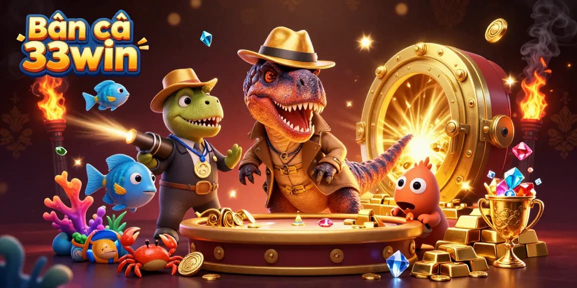 Bắn cá 33win brings excitement to the fish shooting game with colorful characters and golden treasures.