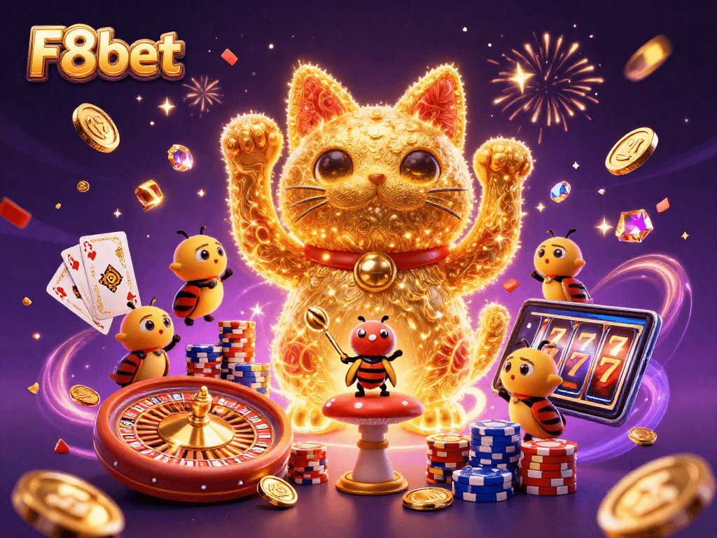 Experience the magic of F8bet with a lucky cat surrounded by vibrant casino elements.