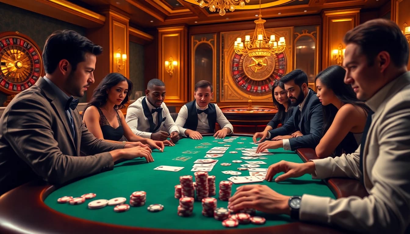 Join an exciting poker game at https://f168.sarl/ featuring diverse players, vibrant poker chips, and a thrilling casino atmosphere.