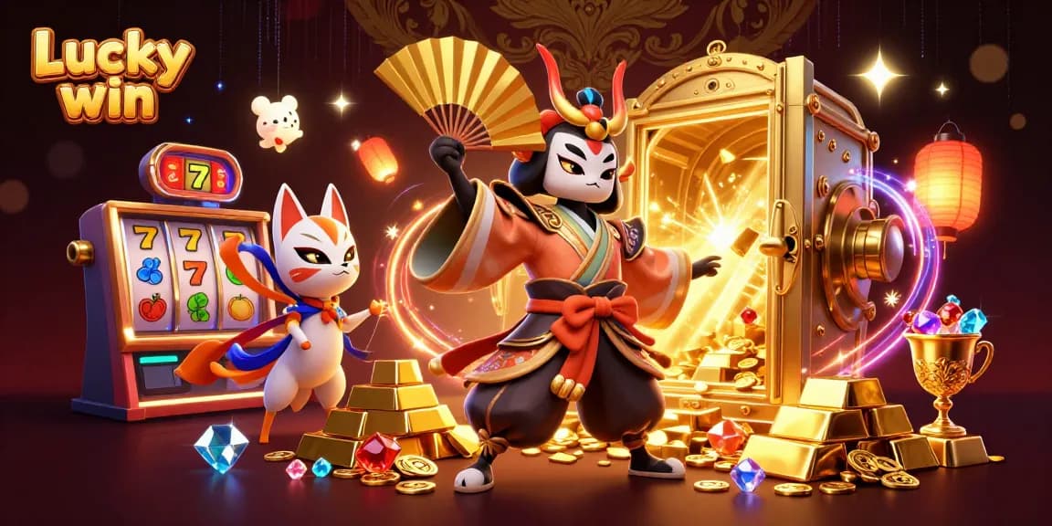 Experience the thrill of a Lucky win in this vibrant casino 3D digital artwork with interactive slot reels.
