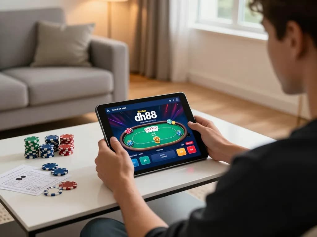 Player engaging with the nhà cái dh88 online platform in a warm living room, showcasing poker gameplay.