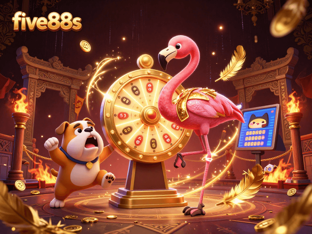 Engage in thrilling moments at five88s as a flamingo host spins the prize wheel amidst vibrant casino elements.