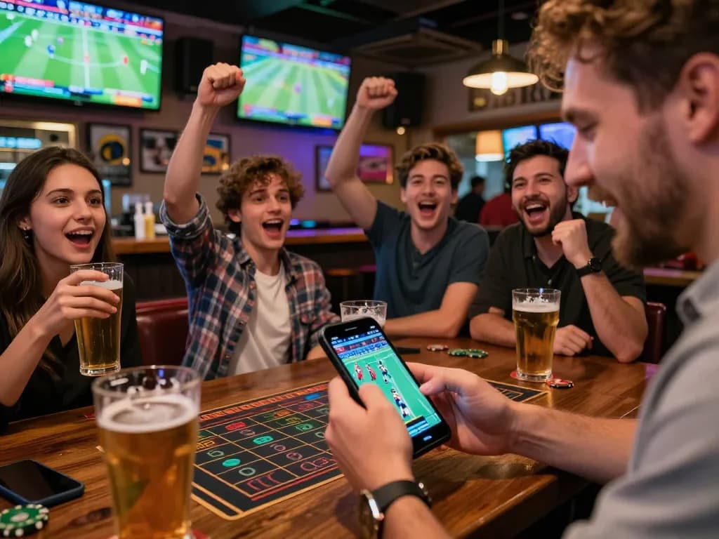 Excited bettors placing wagers on smartphones at OPEN88 in a lively sports bar during a live game.
