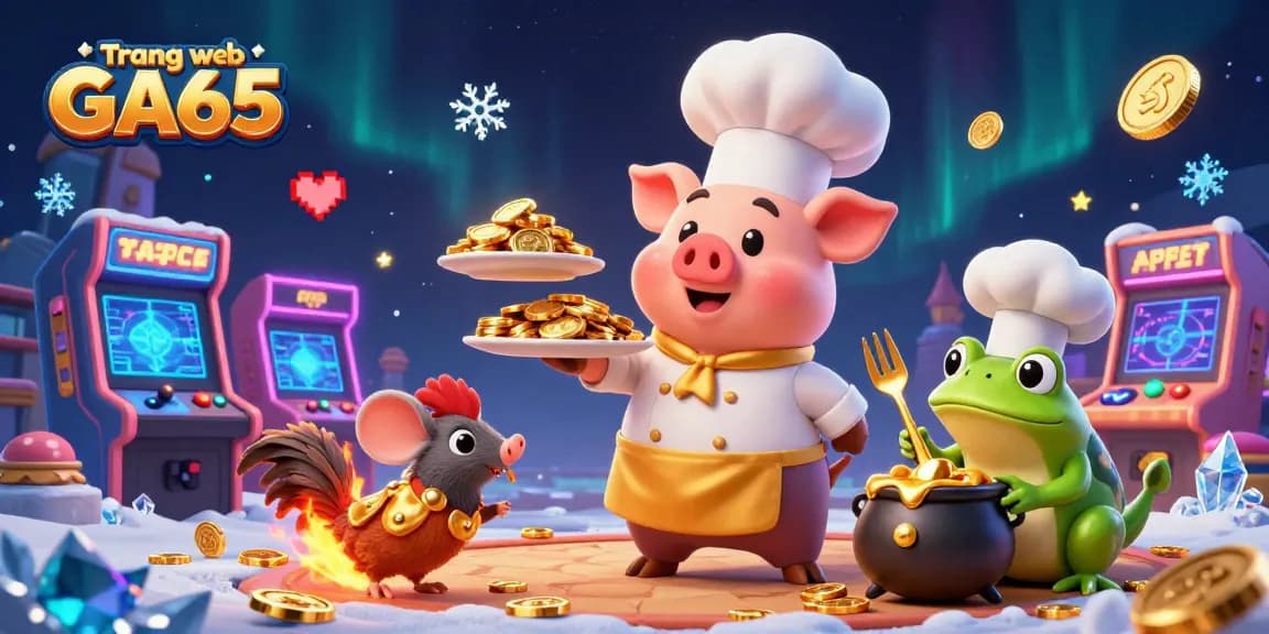 Engage with Trang web GA65's unique cockfighting experience featuring a vibrant cartoon scene of chefs and characters.
