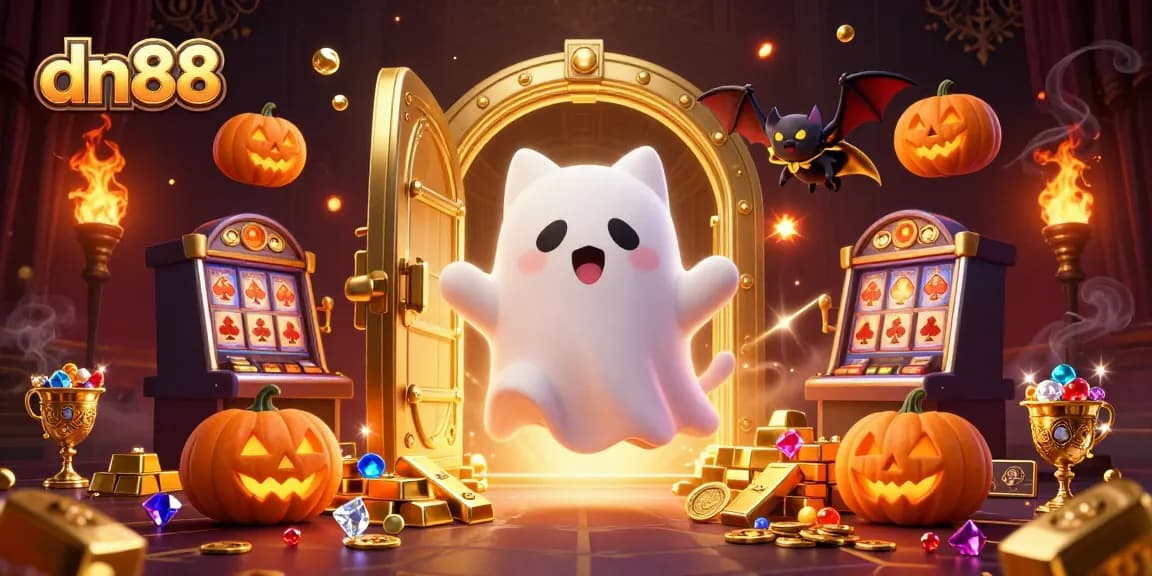 Experience thrilling gaming at dn88 with a ghost cat and bat in a rich casino scene.