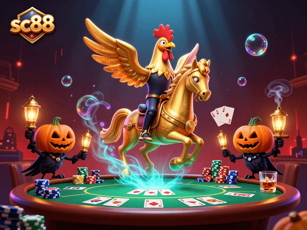 sc88 captures a golden rooster riding a spectral horse in a vibrant casino scene.