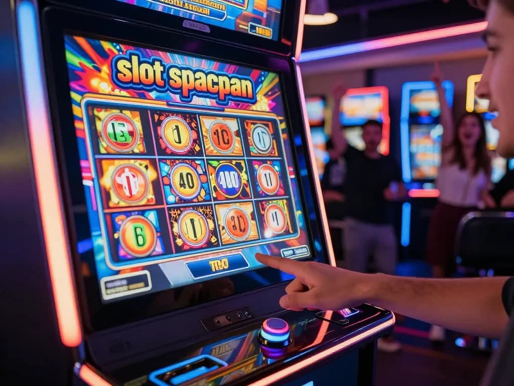 Player engaging with slot spaceman while preparing to spin the colorful reels in a vibrant casino setting.