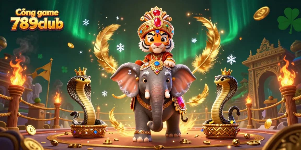 Cổng game 789club features a majestic scene with an Indian maharaja tiger, jewel elephant and cobra companion in action-packed casino environment.