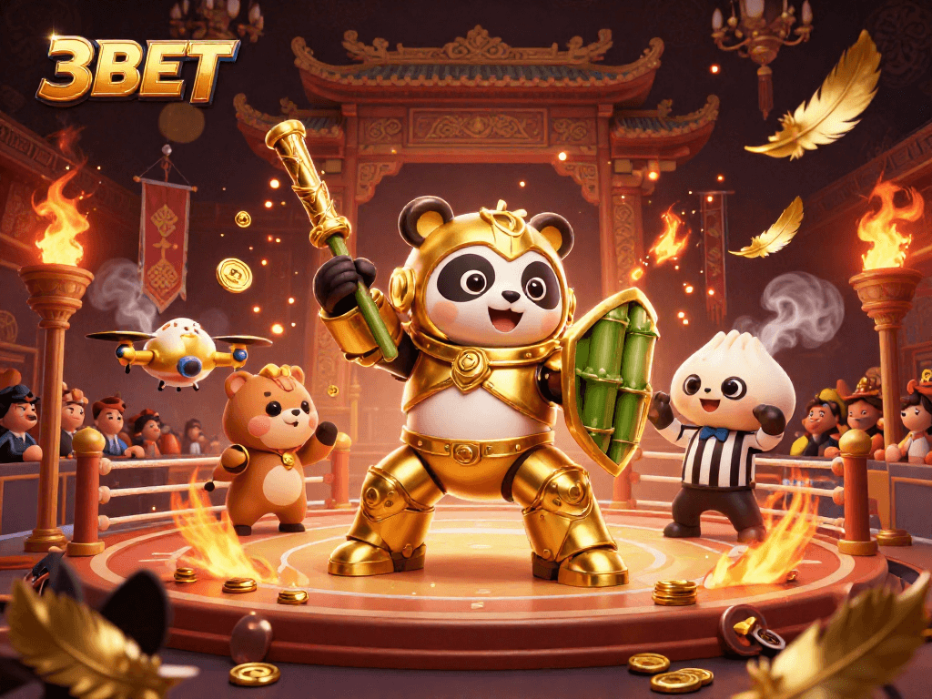 Engage in thrilling action with 3BET as a golden panda pilots a bamboo robot in a vibrant casino arena filled with excitement.