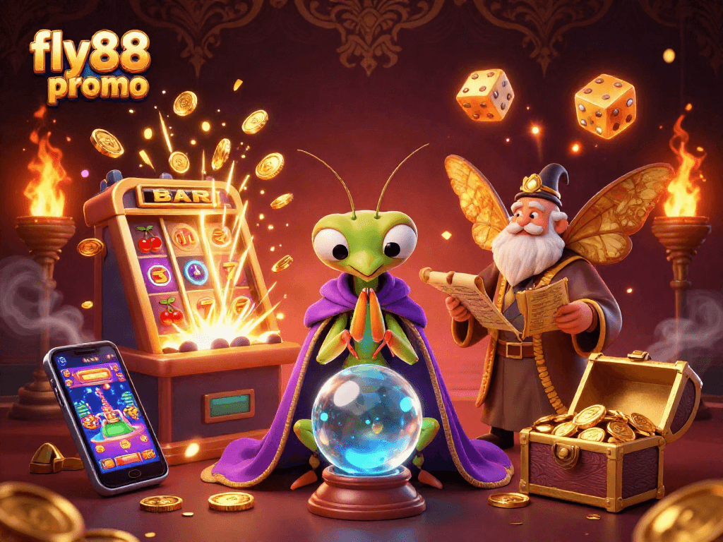Win with fly88 promo in this vibrant casino-themed illustration showcasing fortune tellers and jackpots.