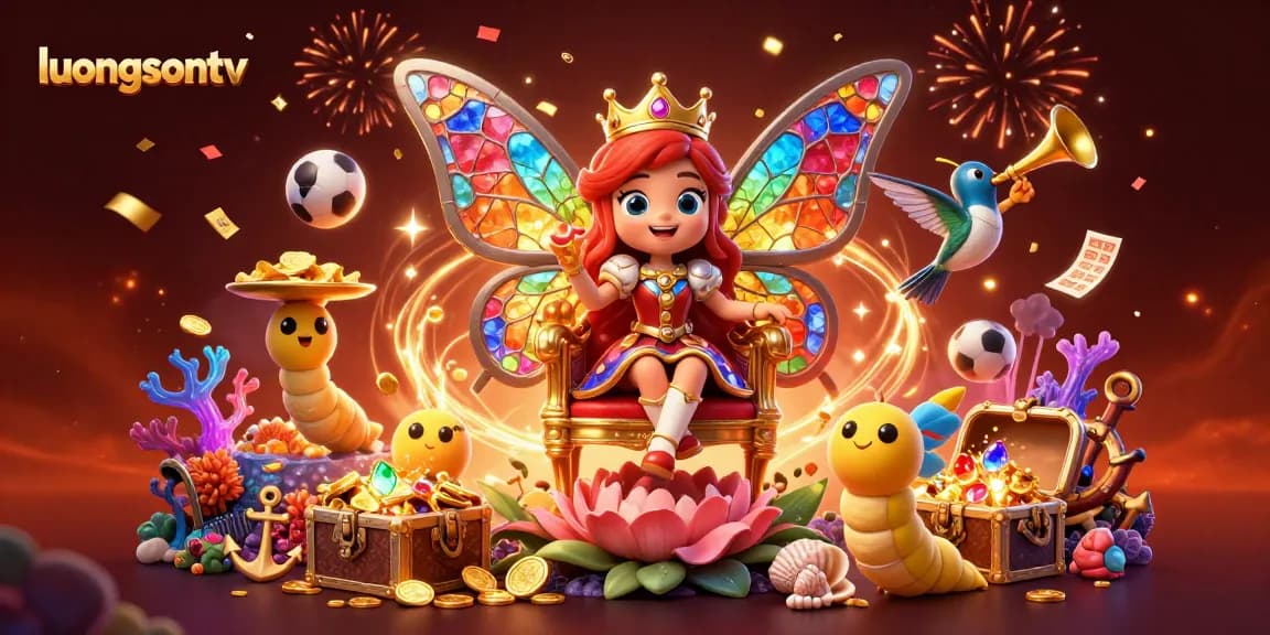 Watch thrilling sports moments with luongsontv's vivid butterfly queen illustration in a vibrant casino scene.