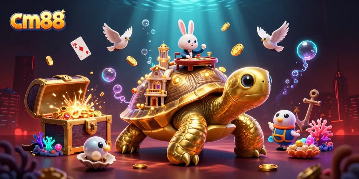 Spin the reels at cm88 with a gold tortoise casino, rabbit dealer, and floating coins.
