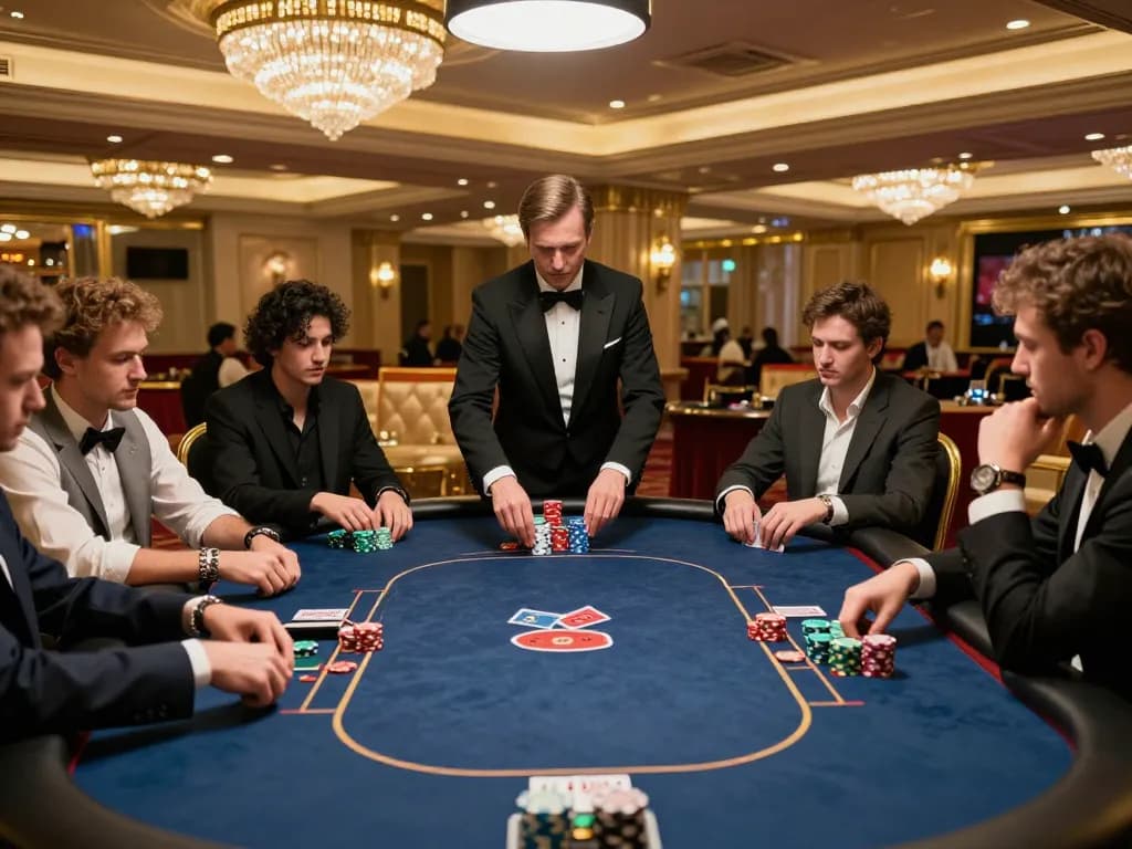 Players strategize and bet during an intense go99 poker game at a luxurious casino.
