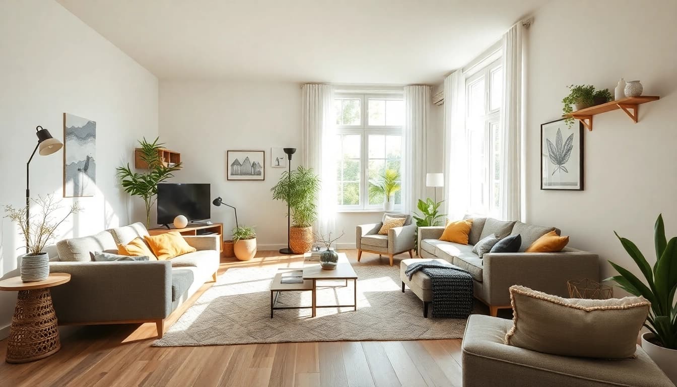Raumgestaltung in einem stilvollen Wohnraum mit hellem Tageslicht und harmonischer Farbkombination.