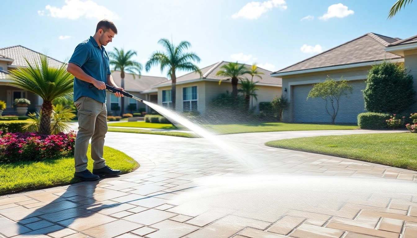 Driveway pressure wash in progress, showcasing professional cleaning of concrete surfaces in Kissimmee.