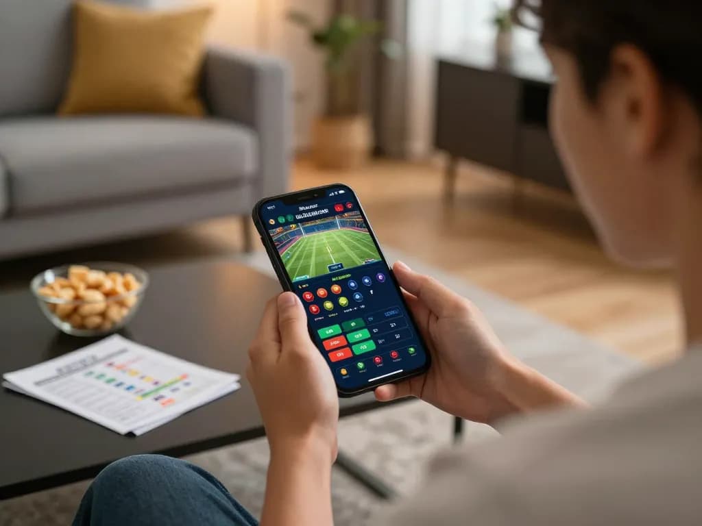 Engaged user accessing nhà cái MM88 on a mobile app for live sports betting in a cozy living room.