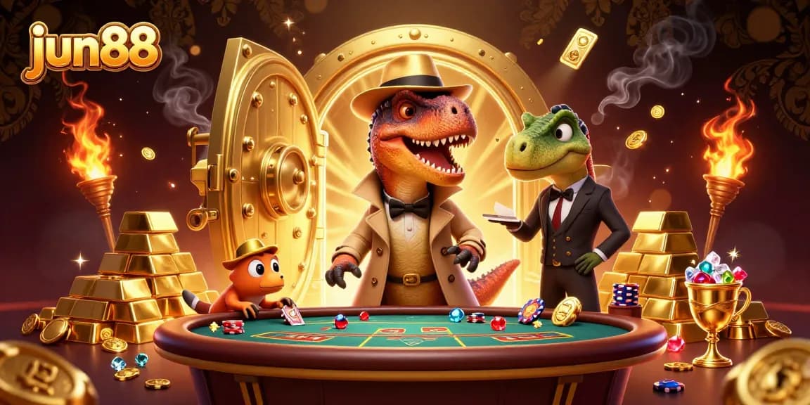 Jun88 velociraptor card counter blends into blackjack chaos with diamonds and gold scattered around.