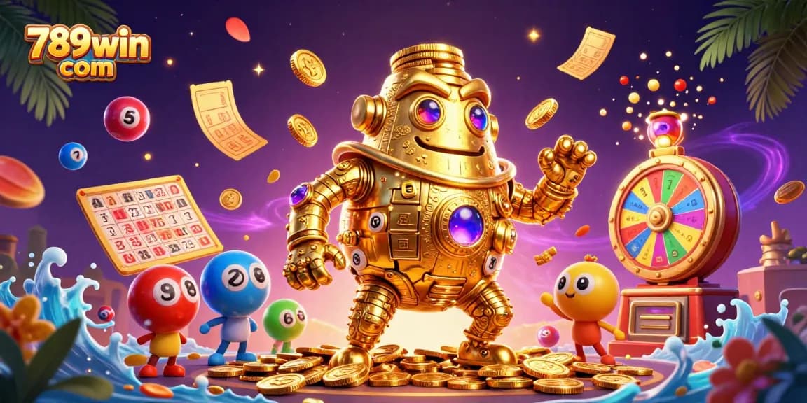 Engage with exciting games at 789win com featuring animated golden golem surrounded by vibrant lottery elements.