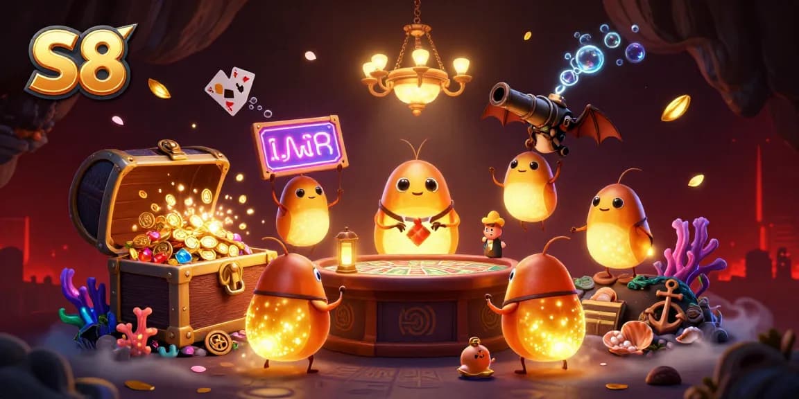 S8 illuminates a vibrant casino scene with glowworm characters and a bat dealer amid treasures and cards.