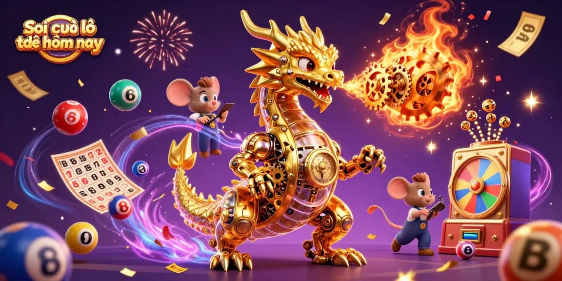 Soi cầu lô đề hôm nay illustrated with a golden dragon and vibrant gambling elements showcasing lottery excitement.