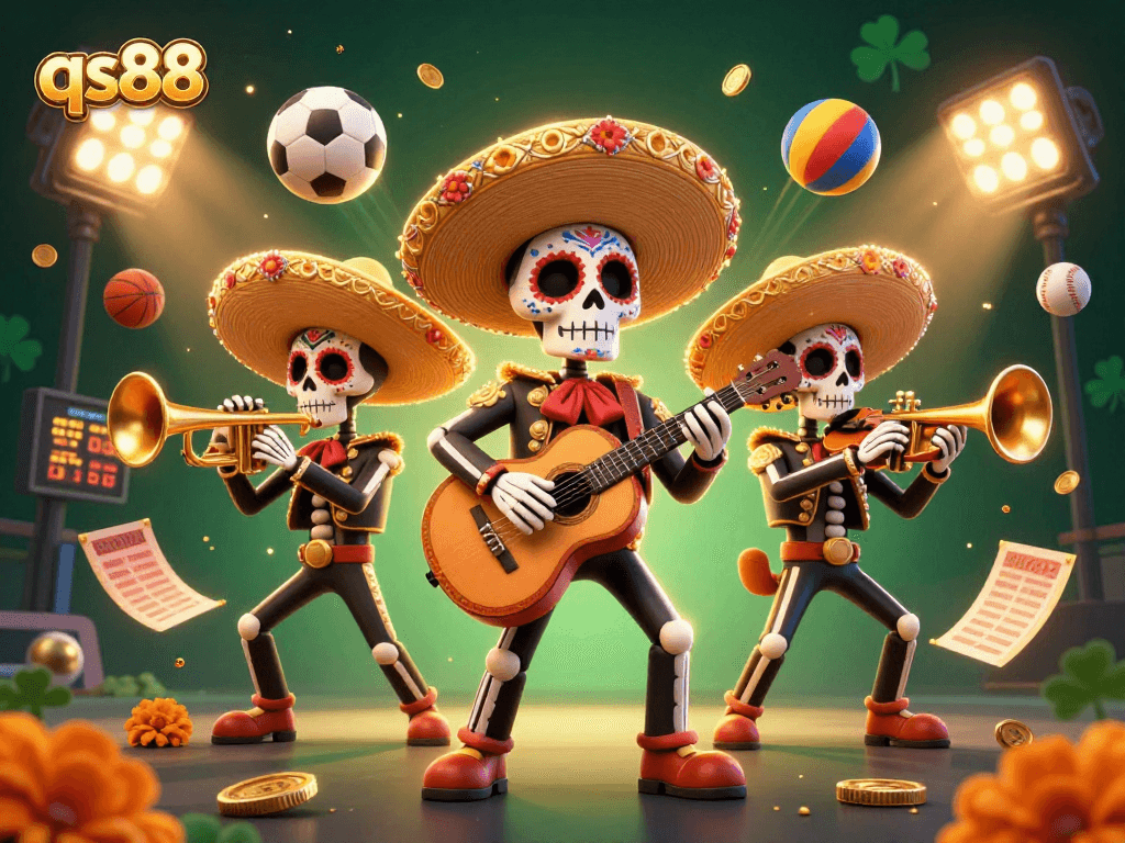 Experience the excitement of qs88 with a vibrant 3D illustration of a mariachi band amid sports betting elements.