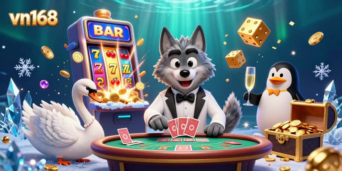 Experience thrilling gaming excitement at vn168 with a baccarat showdown featuring animated characters and vibrant casino elements.