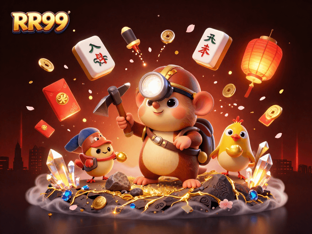 Engage with the RR99 gaming scene, showcasing a treasure hunter mole amid floating mahjong tiles and golden elements.
