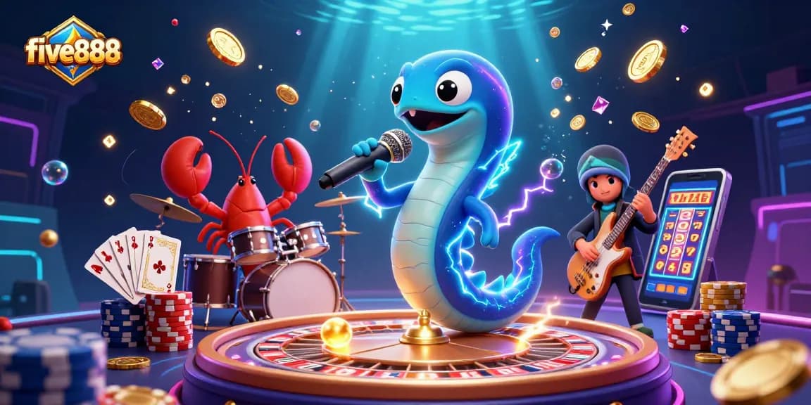 Experience exciting gameplay at five888 with a vibrant underwater casino scene featuring lively characters.