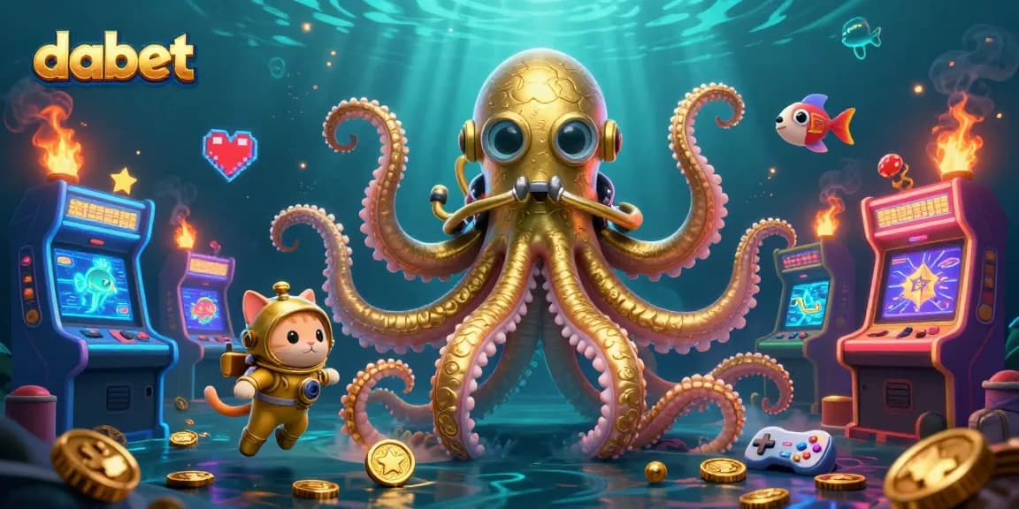 Experience thrilling gameplay at dabet with vibrant underwater action featuring a golden kraken and diving cat.