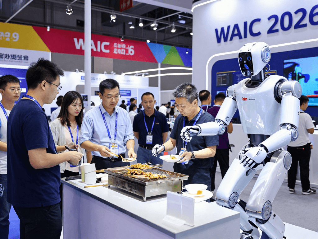 Exciting WAIC 2026 robotics event showcasing Robot24 innovations with humanoid robots preparing food and demonstrating AI.