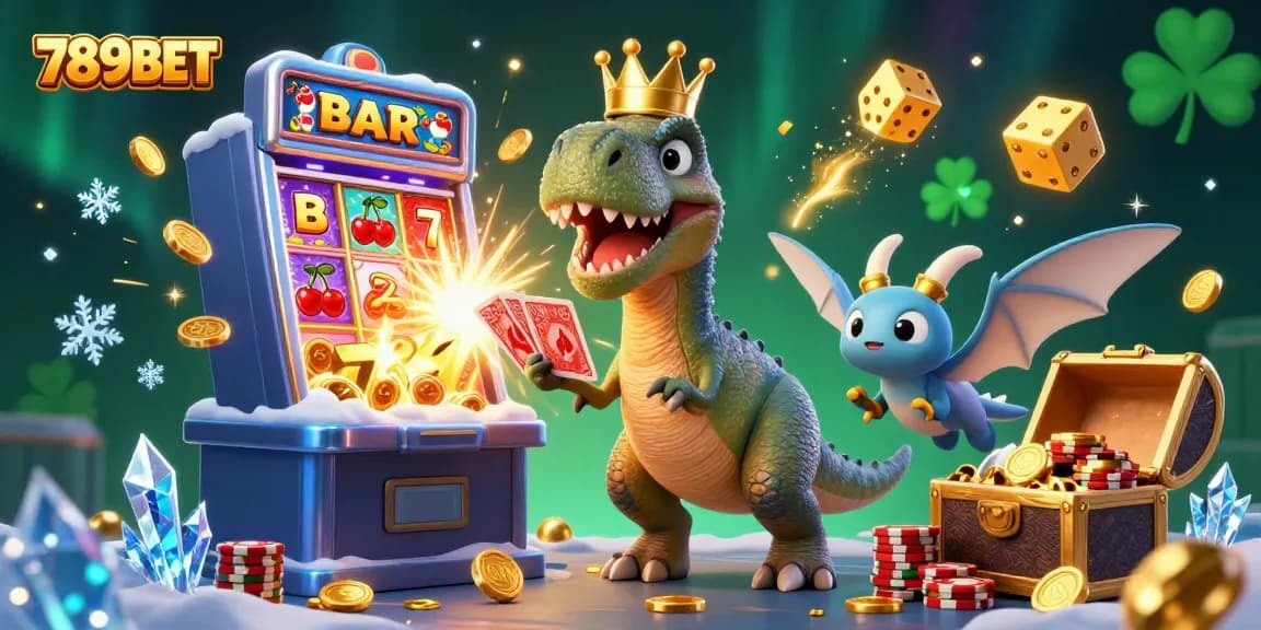 Experience thrilling gaming at 789BET, where a T-Rex shuffles cards as excitement unfolds!