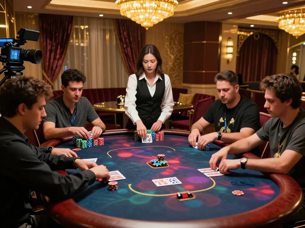 23WIN players engaging in a high-stakes poker game surrounded by luxurious casino decor.