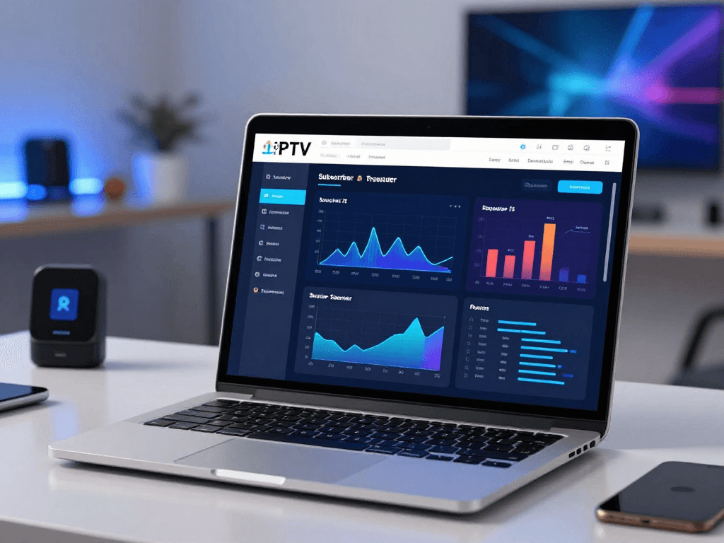 IPTV reseller panel interface showcasing advanced subscription management tools and analytics in a professional tech setting.