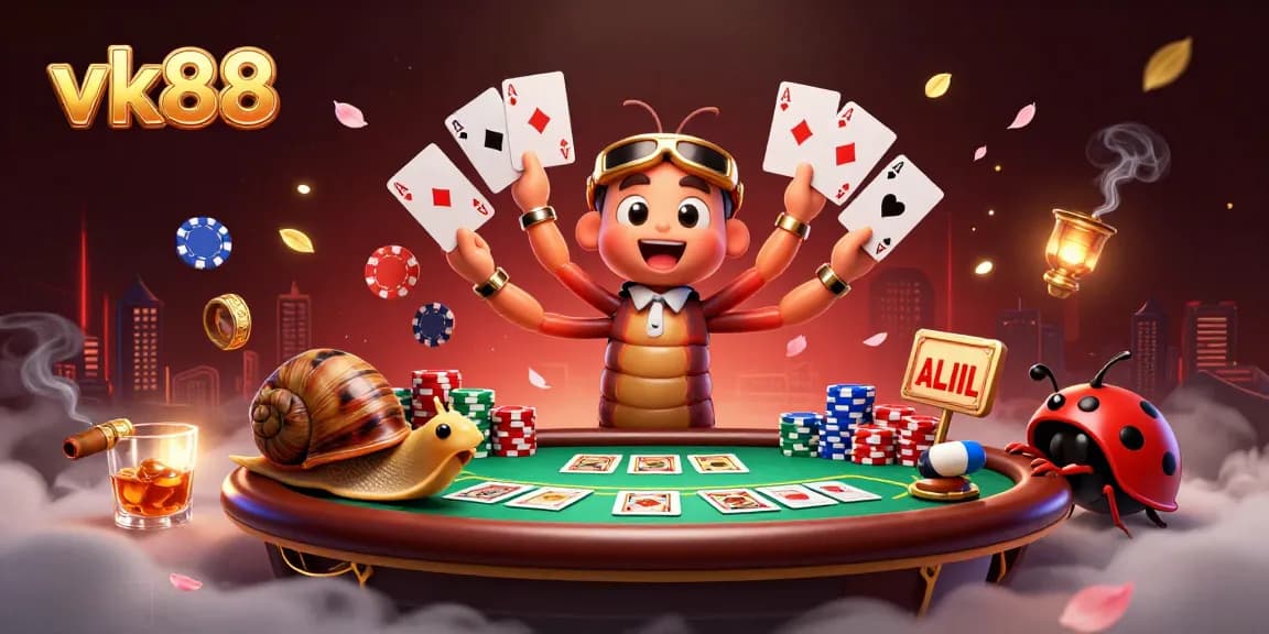 Experience vk88's vibrant poker atmosphere with a cartoon millipede dealer and betting excitement.