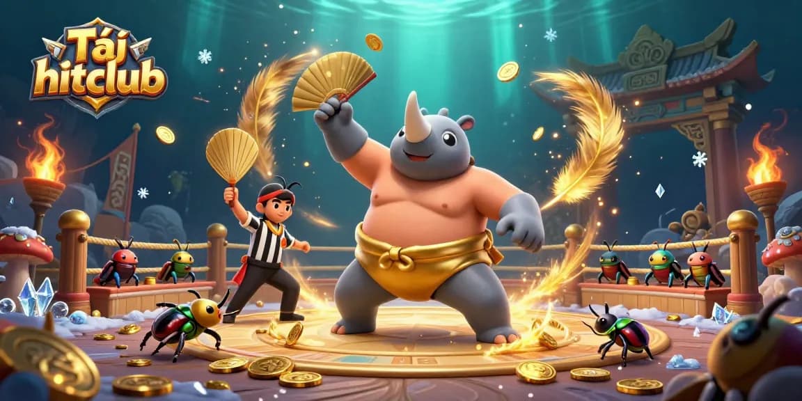 Tải hitclub showcases a vibrant 3D illustration of a rhinoceros beetle sumo champion in an action-packed casino arena.