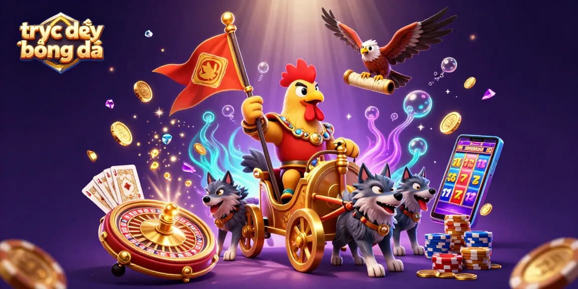 Experience thrilling trực tiếp bóng đá action with a dynamic 3D scene of a warrior, coins, and gaming elements.