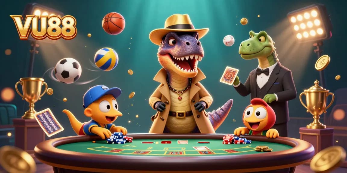 Experience thrilling gameplay at VU88 with a velociraptor and pit boss in a dynamic casino scene.