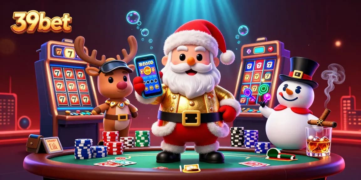 Engage in exciting slots with 39bet's vibrant festive casino illustration showcasing a cheerful Santa.