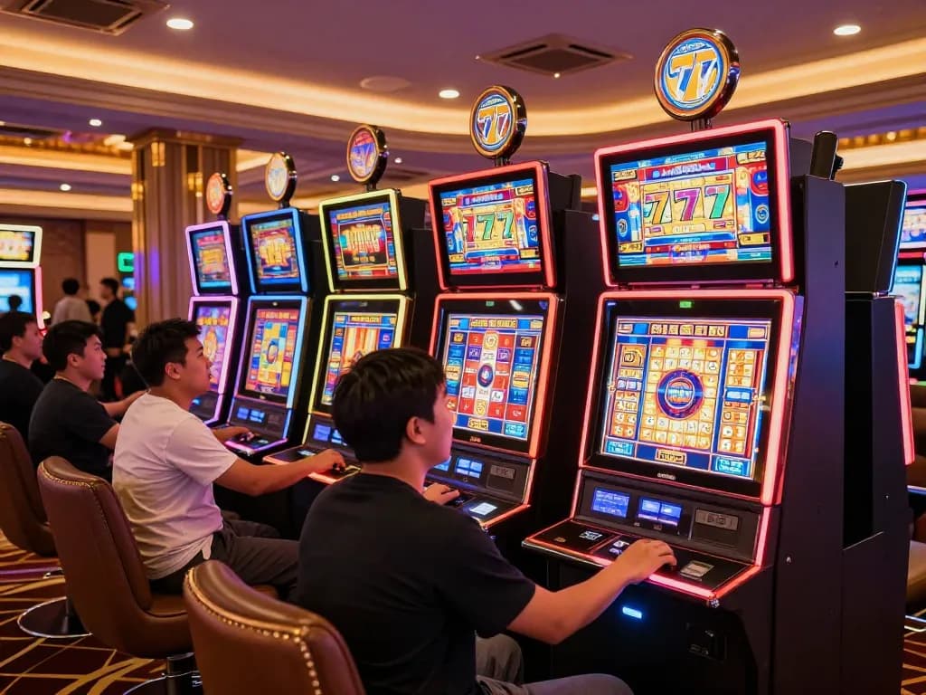 Players engaged at slot gacor 777 machines celebrating wins in a vibrant casino atmosphere