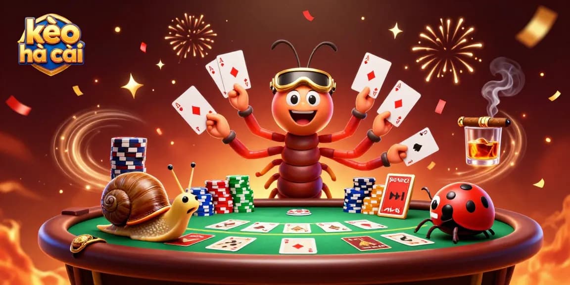 Engage with kèo nhà cái in a vibrant, ultra-detailed casino scene with cartoon characters and poker elements.