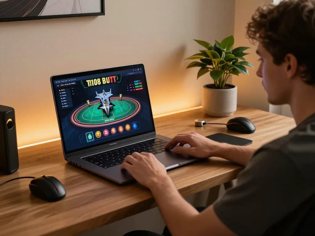 Engaged user enjoying f168slot on a premium online gaming setup at home with a laptop.