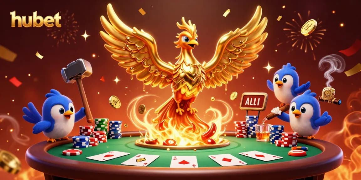 Experience the thrill of hubet casino action with a dazzling 3D phoenix and poker elements.