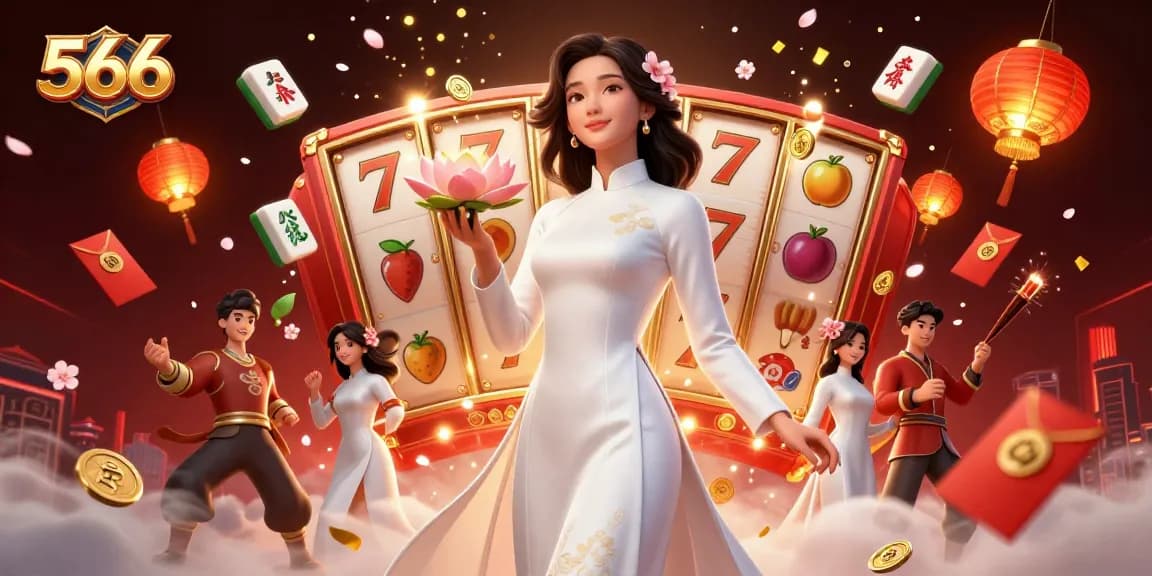 Engage with thrilling slot games at 566 with vibrant characters and festive casino elements.