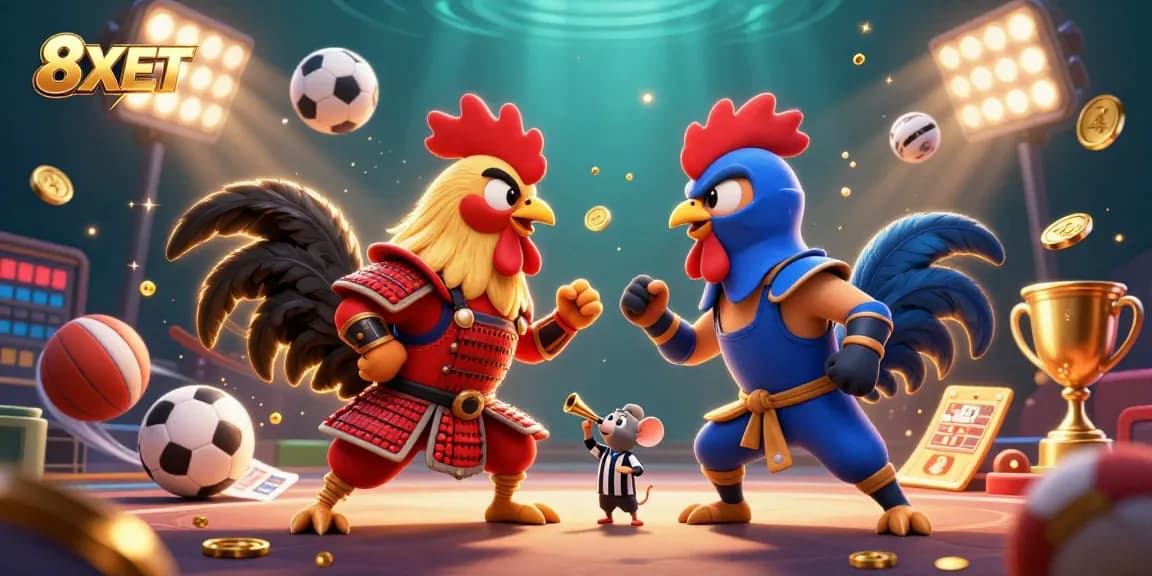Experience 8XBET with dynamic 3D cartoon roosters and sports elements showcasing exciting bets.