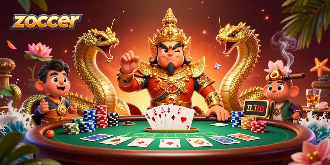 Play exciting games at Zoccer Casino with golden temple guardian and vibrant poker elements.