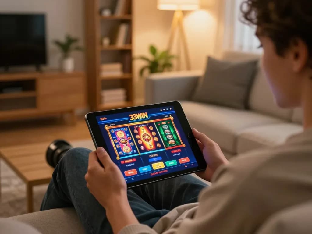 Player enjoying a gaming session on the 33WIN casino app from home to enhance the betting experience.