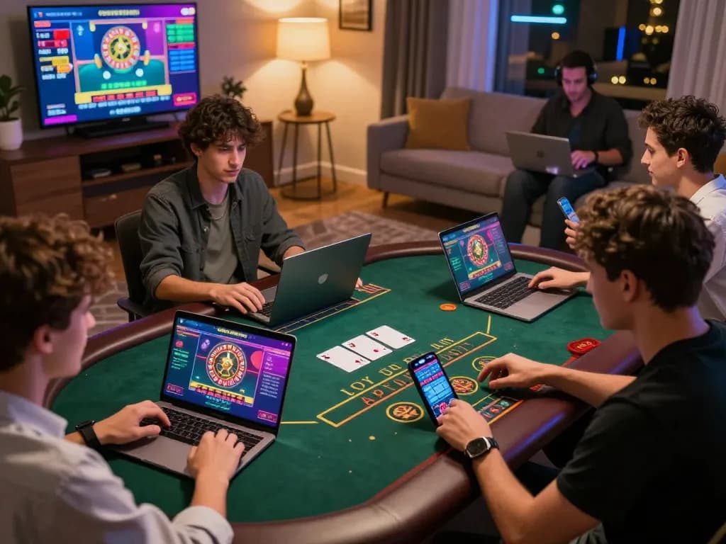 MMOO online gamblers using laptops for live dealer games in modern home settings.
