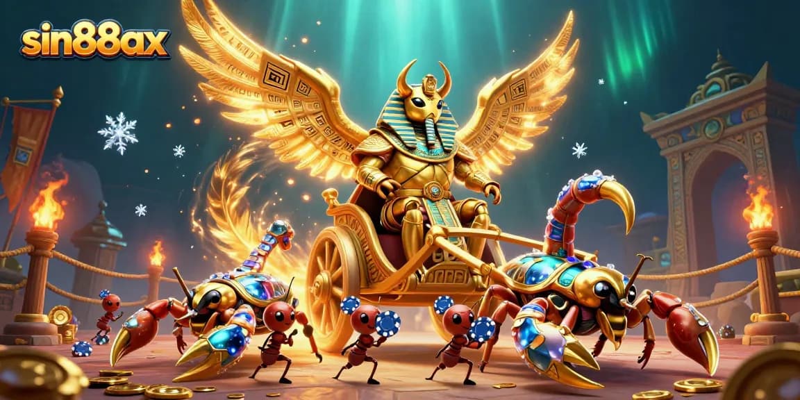 Engage in thrilling casino adventures with sin88ax featuring a golden scarab and poker chip soldiers.